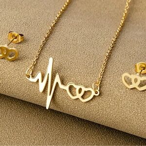 Stunning Double Heartbeat ECG Design Gold Jewelry Set